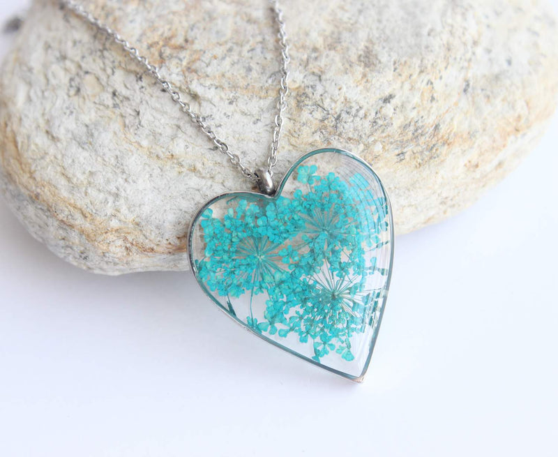 Heart Pressed Flower Pendant Necklace, Real Dried Flower Resin Jewellery