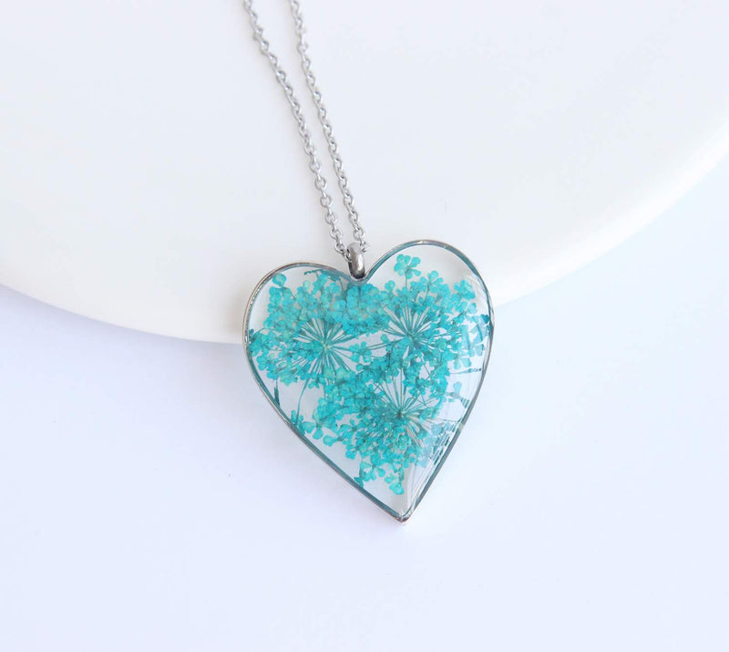 Heart Pressed Flower Pendant Necklace, Real Dried Flower Resin Jewellery