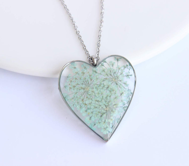 Heart Pressed Flower Pendant Necklace, Real Dried Flower Resin Jewellery