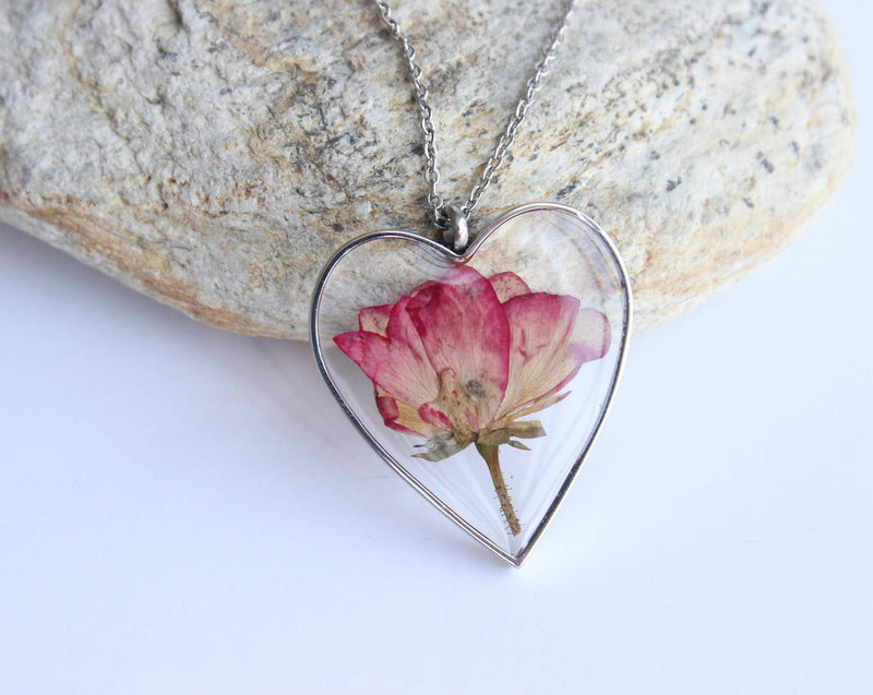 Heart Pressed Flower Pendant Necklace, Real Dried Flower Resin Jewellery