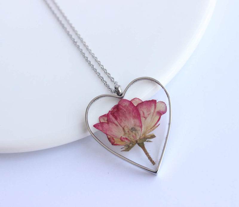 Heart Pressed Flower Pendant Necklace, Real Dried Flower Resin Jewellery