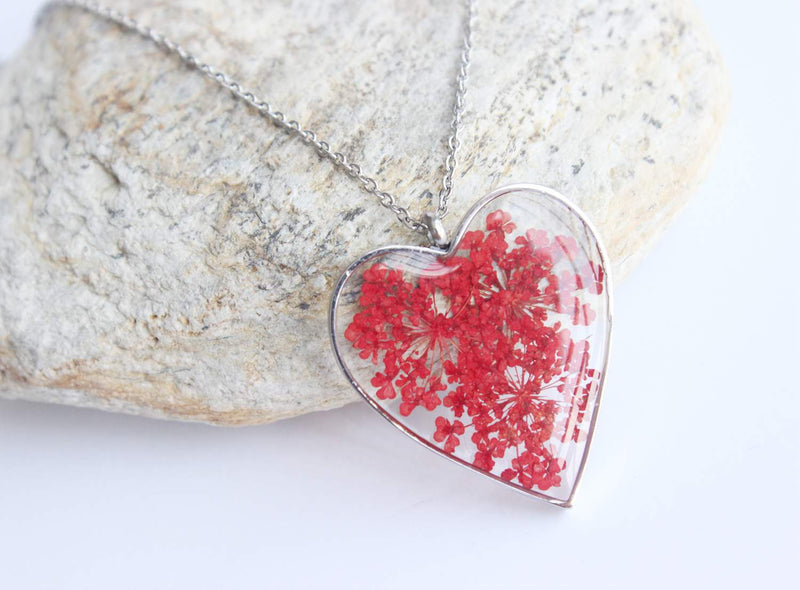 Heart Pressed Flower Pendant Necklace, Real Dried Flower Resin Jewellery