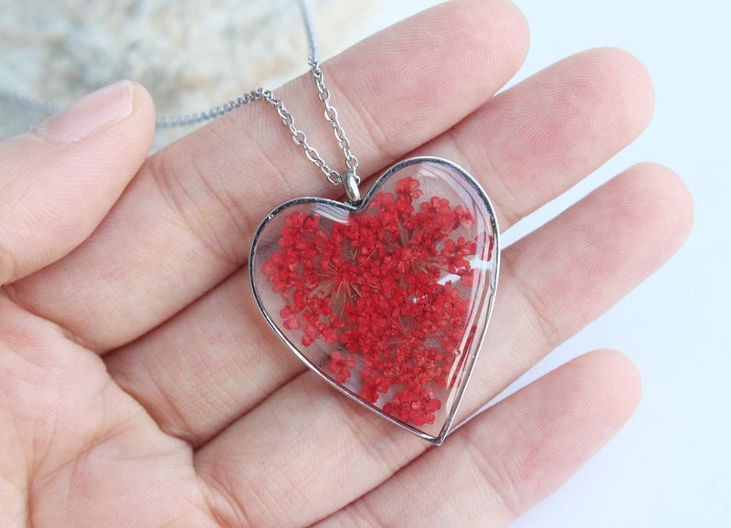 Heart Pressed Flower Pendant Necklace, Real Dried Flower Resin Jewellery