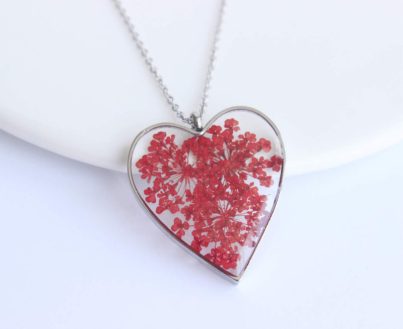 Heart Pressed Flower Pendant Necklace, Real Dried Flower Resin Jewellery