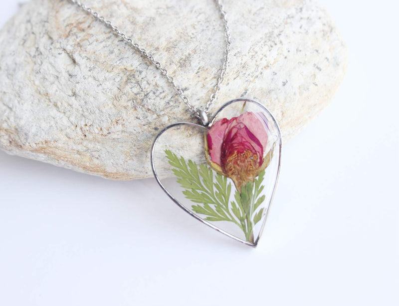 Heart Pressed Flower Pendant Necklace, Real Dried Flower Resin Jewellery