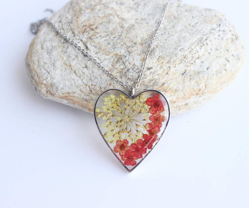 Heart Pressed Flower Pendant Necklace, Real Dried Flower Resin Jewellery