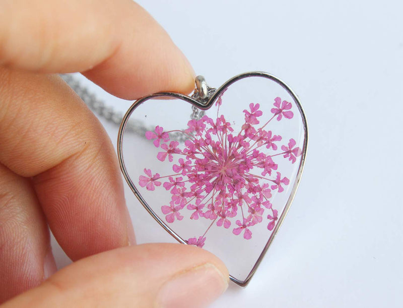 Heart Pressed Flower Pendant Necklace, Real Dried Flower Resin Jewellery