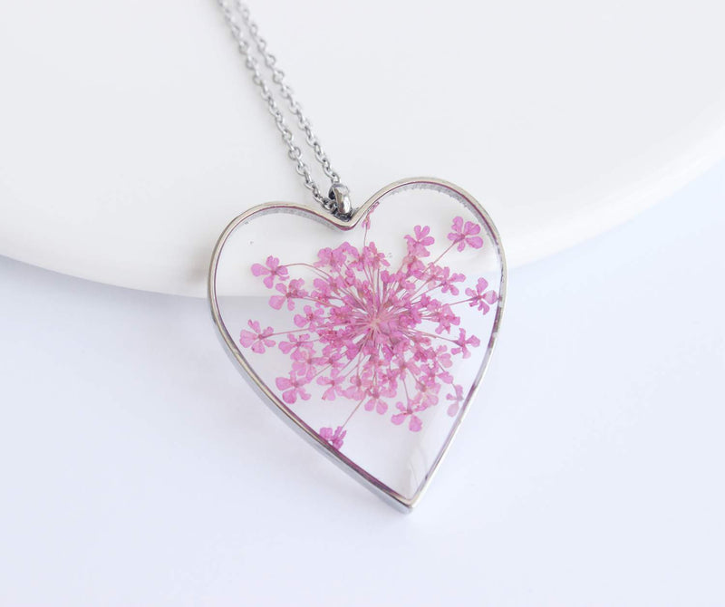 Heart Pressed Flower Pendant Necklace, Real Dried Flower Resin Jewellery