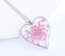 Heart Pressed Flower Pendant Necklace, Real Dried Flower Resin Jewellery