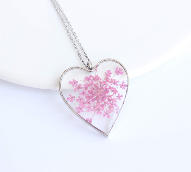 Heart Pressed Flower Pendant Necklace, Real Dried Flower Resin Jewellery