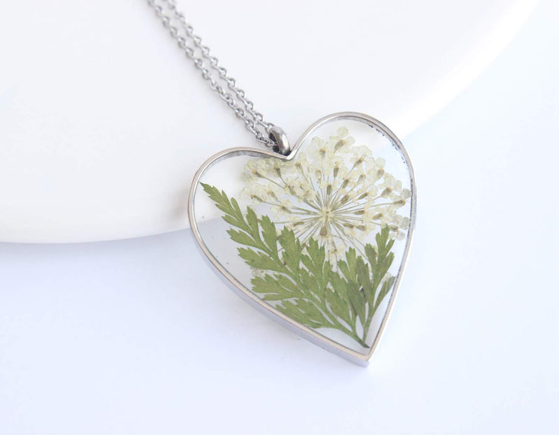 Heart Pressed Flower Pendant Necklace, Real Dried Flower Resin Jewellery