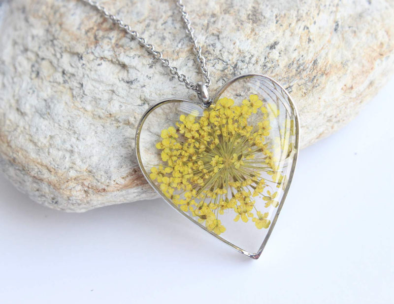 Heart Pressed Flower Pendant Necklace, Real Dried Flower Resin Jewellery