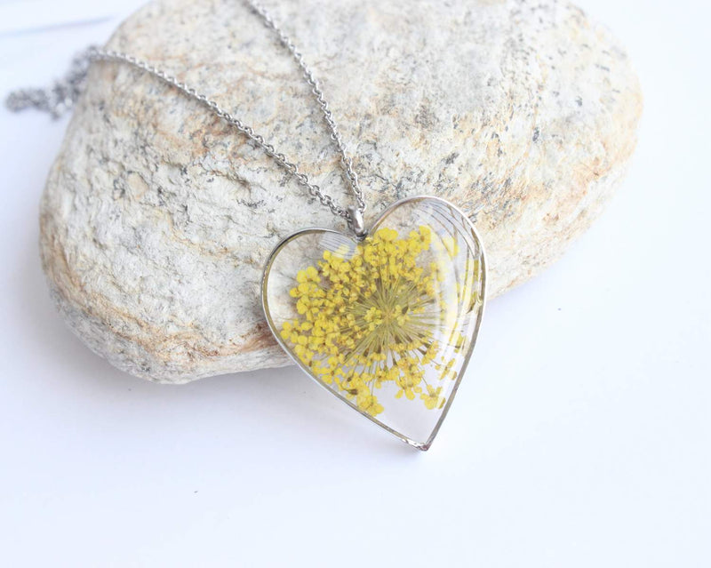 Heart Pressed Flower Pendant Necklace, Real Dried Flower Resin Jewellery