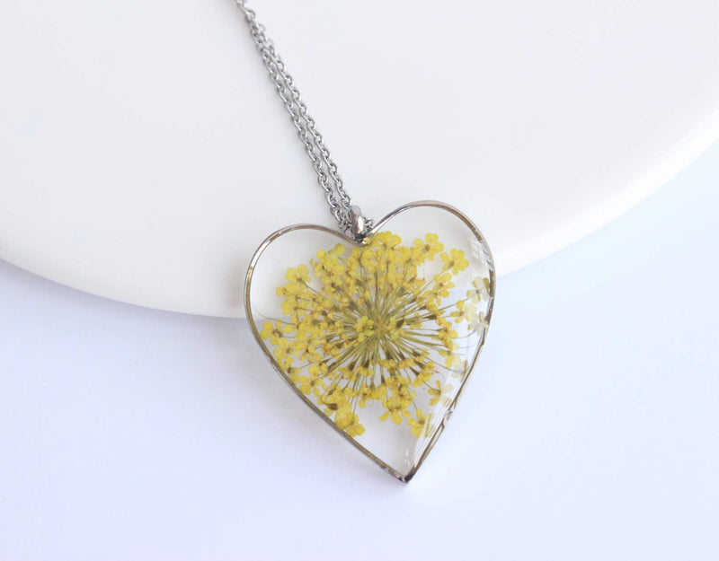 Heart Pressed Flower Pendant Necklace, Real Dried Flower Resin Jewellery