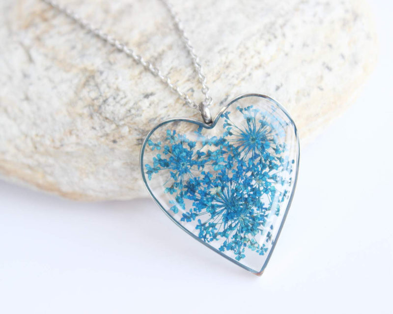 Heart Pressed Flower Pendant Necklace, Real Dried Flower Resin Jewellery