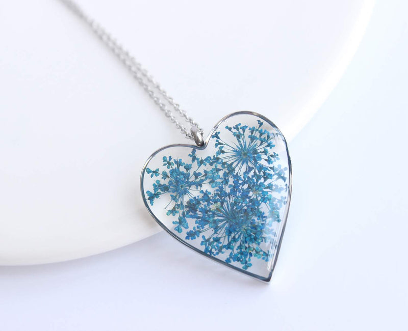 Heart Pressed Flower Pendant Necklace, Real Dried Flower Resin Jewellery