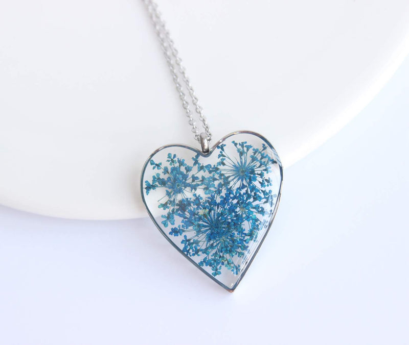 Heart Pressed Flower Pendant Necklace, Real Dried Flower Resin Jewellery