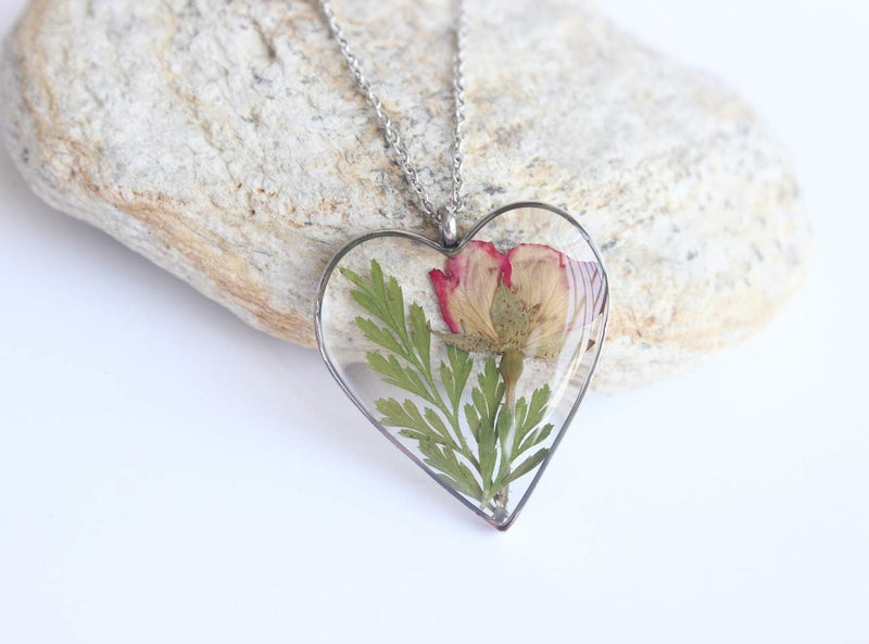 Heart Pressed Flower Pendant Necklace, Real Dried Flower Resin Jewellery