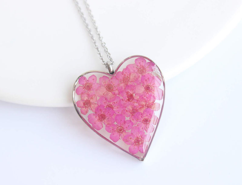 Heart Pressed Flower Pendant Necklace, Real Dried Flower Resin Jewellery