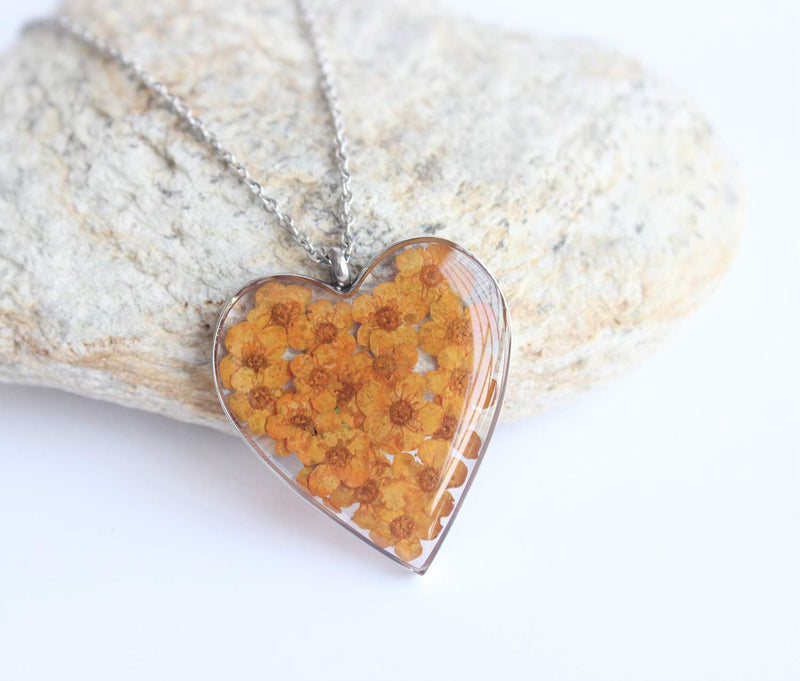 Heart Pressed Flower Pendant Necklace, Real Dried Flower Resin Jewellery