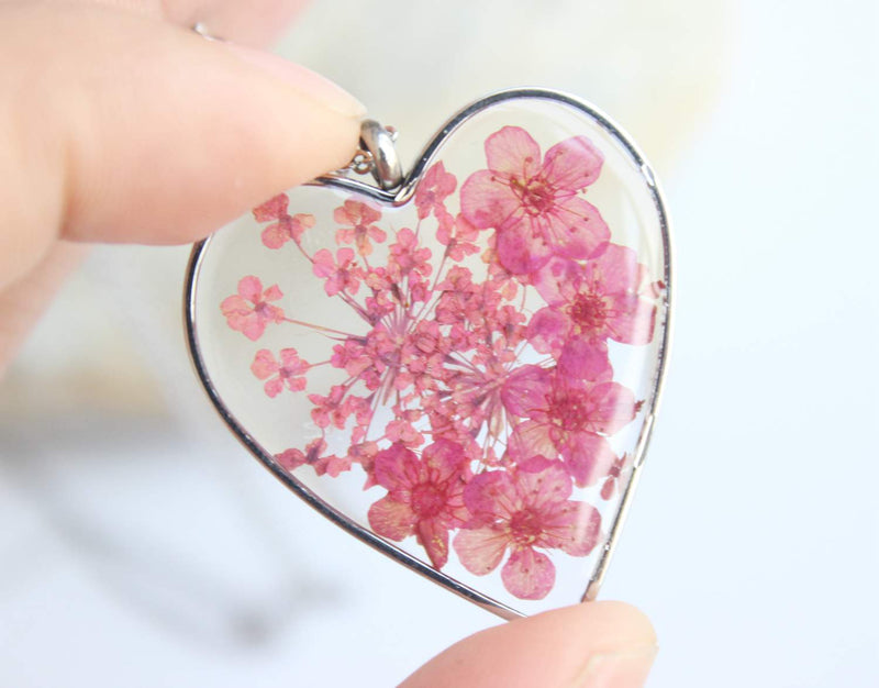 Heart Pressed Flower Pendant Necklace, Real Dried Flower Resin Jewellery