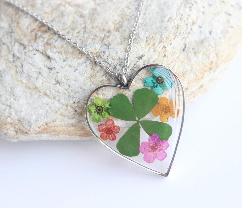 Heart Pressed Flower Pendant Necklace, Real Dried Flower Resin Jewellery