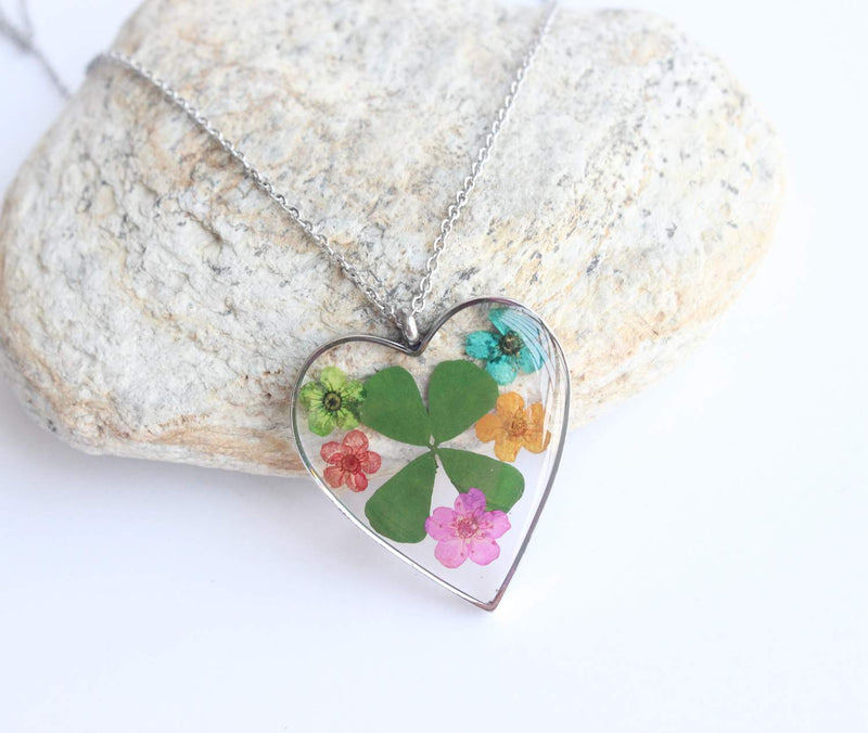 Heart Pressed Flower Pendant Necklace, Real Dried Flower Resin Jewellery