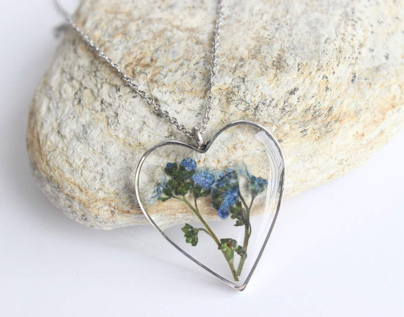 Heart Pressed Flower Pendant Necklace, Real Dried Flower Resin Jewellery