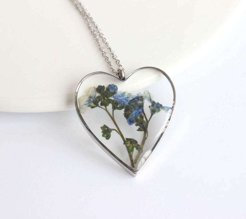 Heart Pressed Flower Pendant Necklace, Real Dried Flower Resin Jewellery