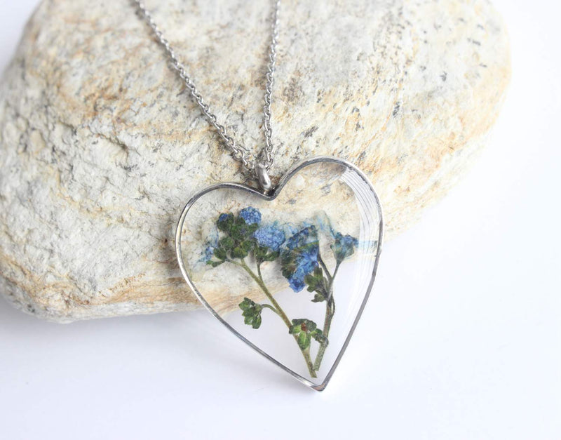 Heart Pressed Flower Pendant Necklace, Real Dried Flower Resin Jewellery