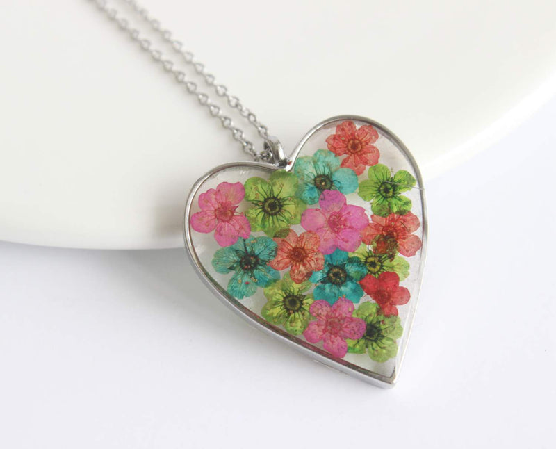 Heart Pressed Flower Pendant Necklace, Real Dried Flower Resin Jewellery