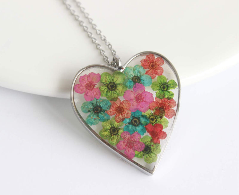 Heart Pressed Flower Pendant Necklace, Real Dried Flower Resin Jewellery