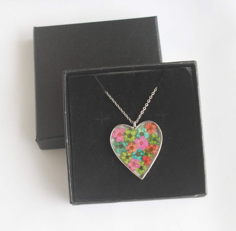 Heart Pressed Flower Pendant Necklace, Real Dried Flower Resin Jewellery