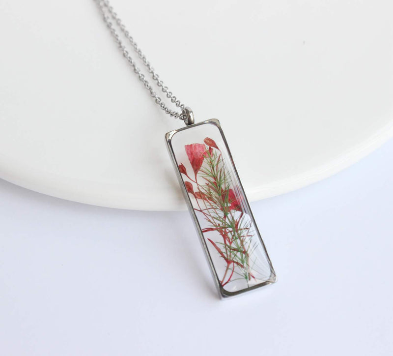 Rectangle Pressed Flower Pendant Necklace, Real Dried Flower Resin Jewellery