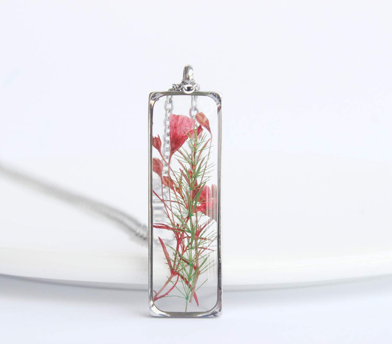 Rectangle Pressed Flower Pendant Necklace, Real Dried Flower Resin Jewellery