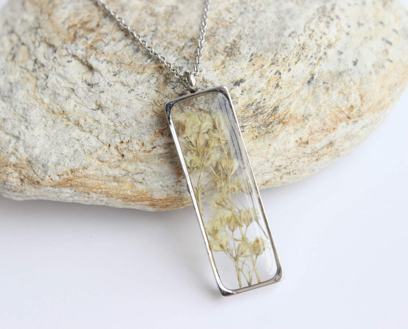 Rectangle Pressed Flower Pendant Necklace, Real Dried Flower Resin Jewellery