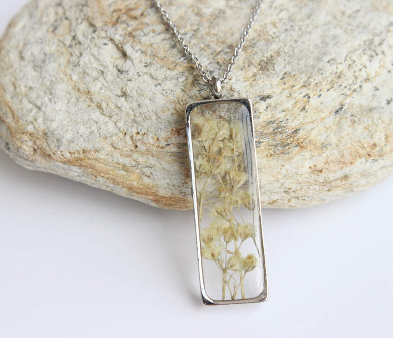 Rectangle Pressed Flower Pendant Necklace, Real Dried Flower Resin Jewellery