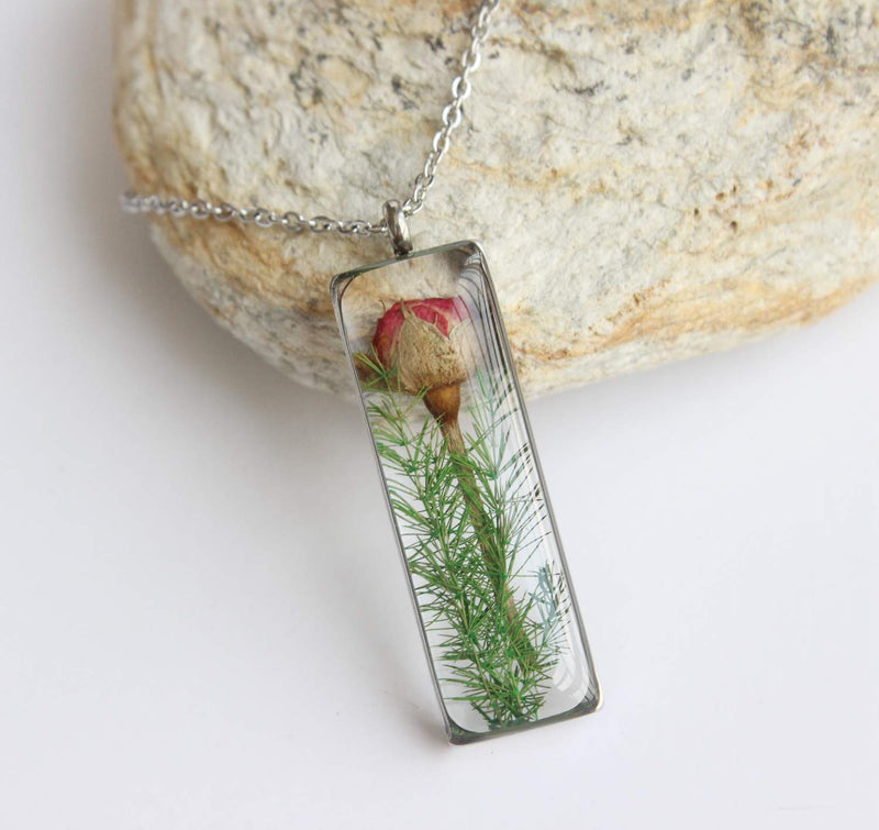 Rectangle Pressed Flower Pendant Necklace, Real Dried Flower Resin Jewellery