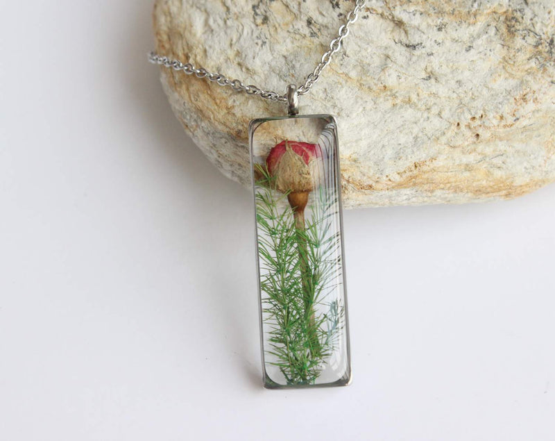 Rectangle Pressed Flower Pendant Necklace, Real Dried Flower Resin Jewellery