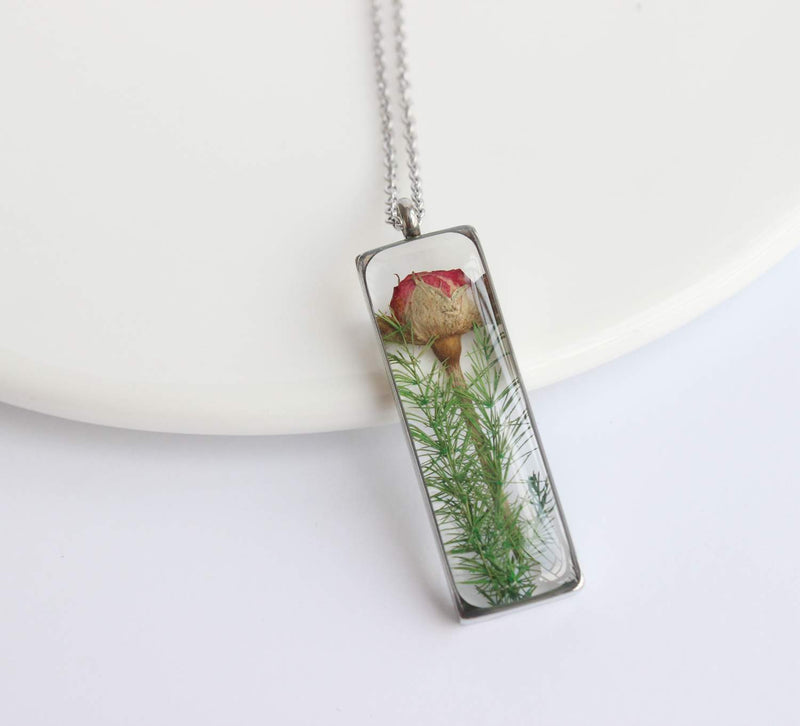 Rectangle Pressed Flower Pendant Necklace, Real Dried Flower Resin Jewellery