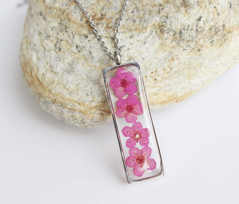 Rectangle Pressed Flower Pendant Necklace, Real Dried Flower Resin Jewellery