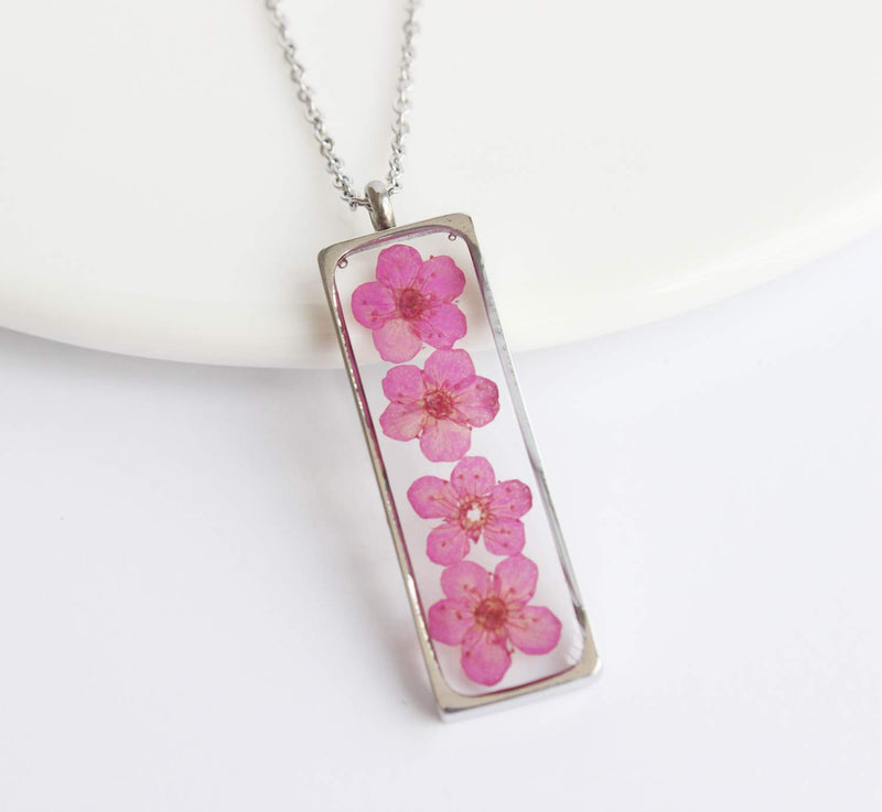 Rectangle Pressed Flower Pendant Necklace, Real Dried Flower Resin Jewellery