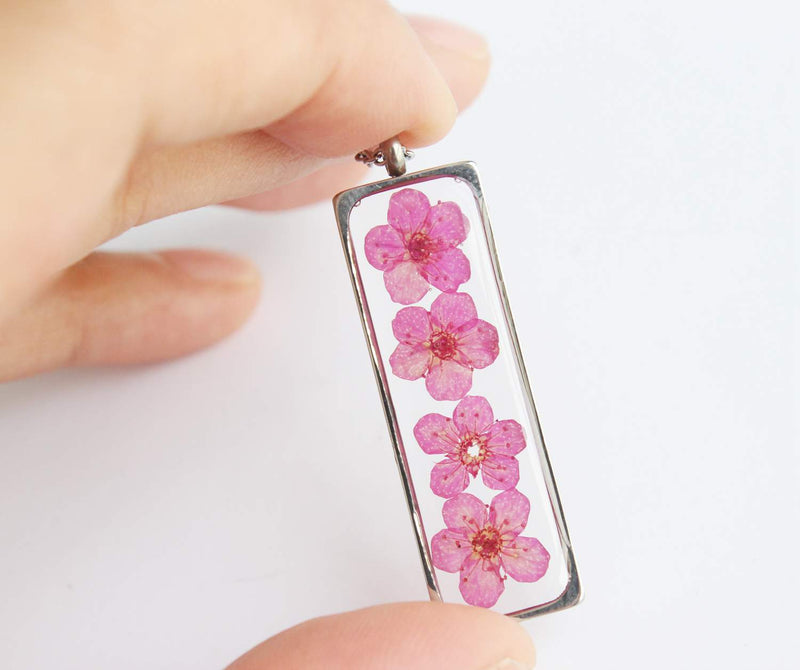 Rectangle Pressed Flower Pendant Necklace, Real Dried Flower Resin Jewellery