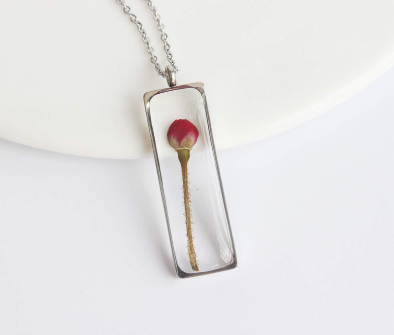 Rectangle Pressed Flower Pendant Necklace, Real Dried Flower Resin Jewellery