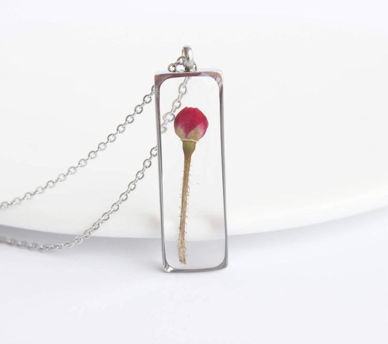 Rectangle Pressed Flower Pendant Necklace, Real Dried Flower Resin Jewellery