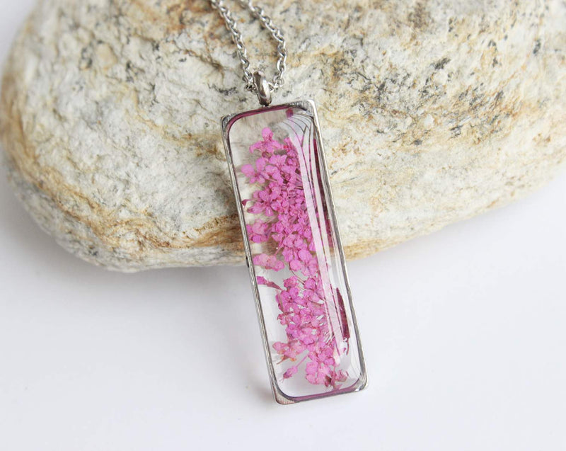 Rectangle Pressed Flower Pendant Necklace, Real Dried Flower Resin Jewellery