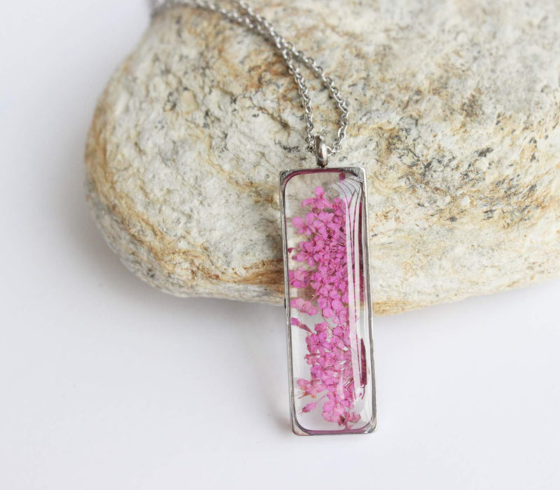 Rectangle Pressed Flower Pendant Necklace, Real Dried Flower Resin Jewellery