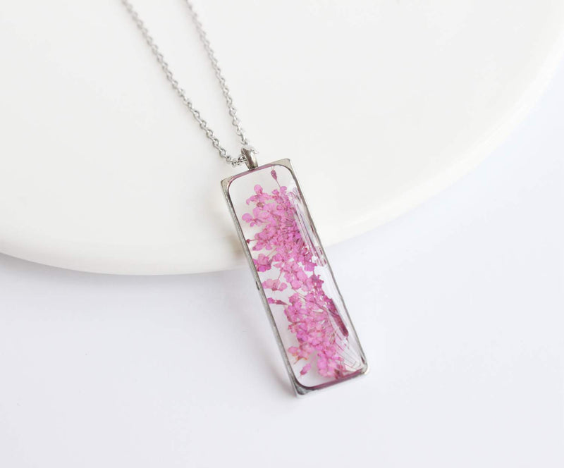 Rectangle Pressed Flower Pendant Necklace, Real Dried Flower Resin Jewellery