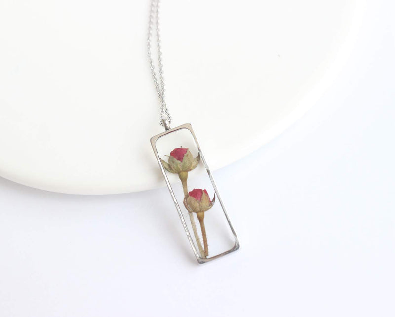 Rectangle Pressed Flower Pendant Necklace, Real Dried Flower Resin Jewellery