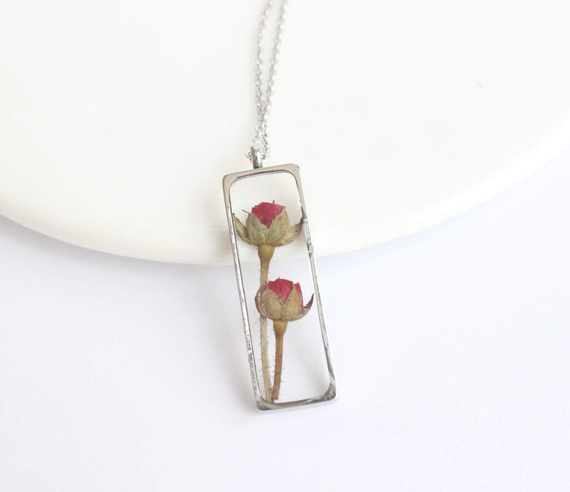 Rectangle Pressed Flower Pendant Necklace, Real Dried Flower Resin Jewellery